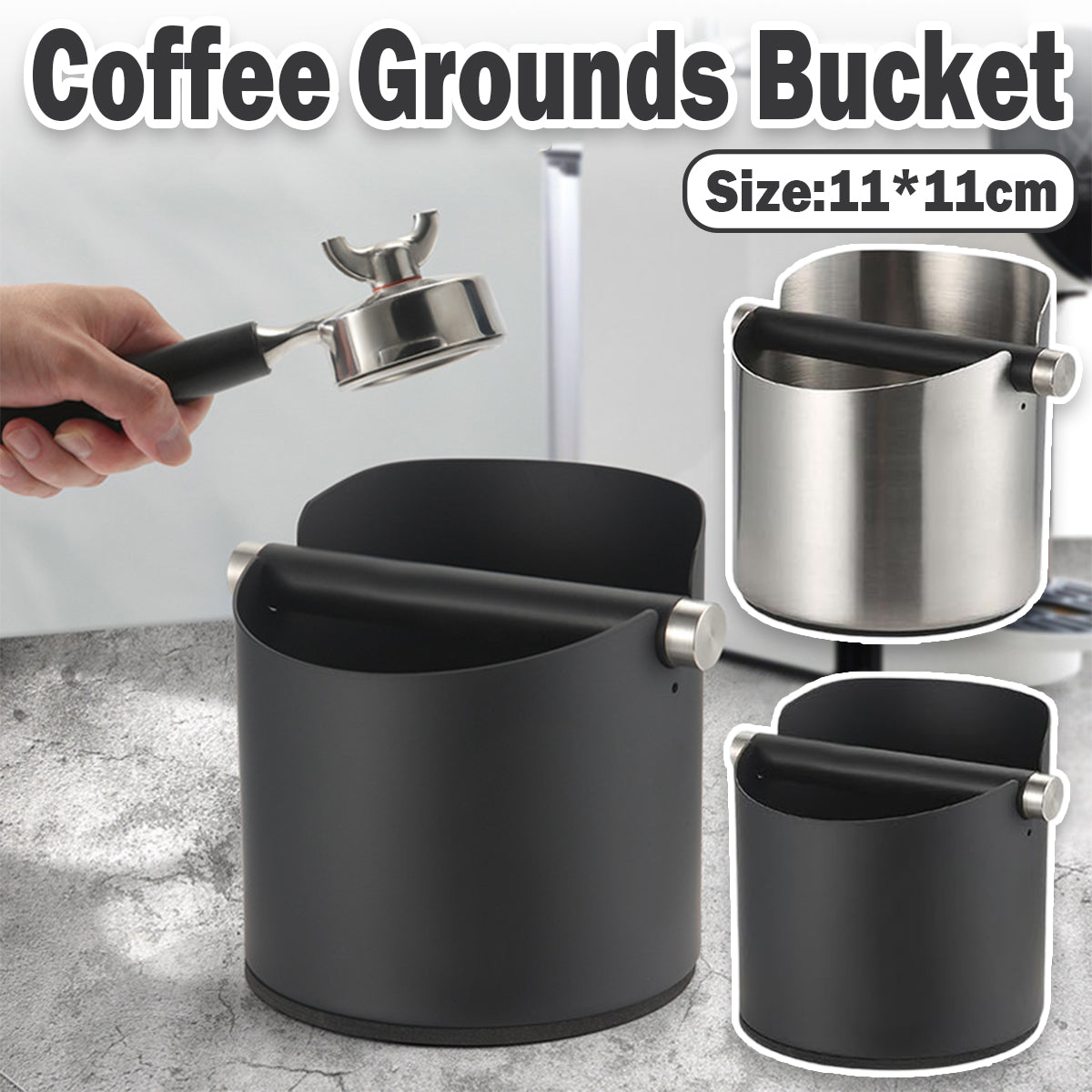 Premium Black Stainless Steel Coffee Grounds Knock Box with Removable Bar