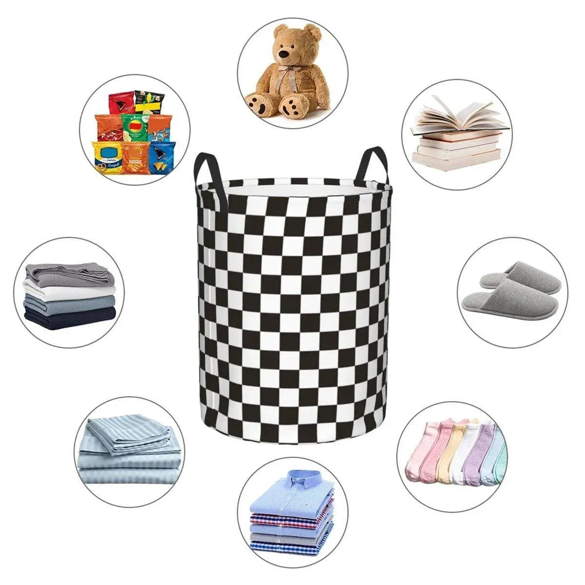Premium Foldable Laundry Basket – Black & White Chess Waterproof Fabric