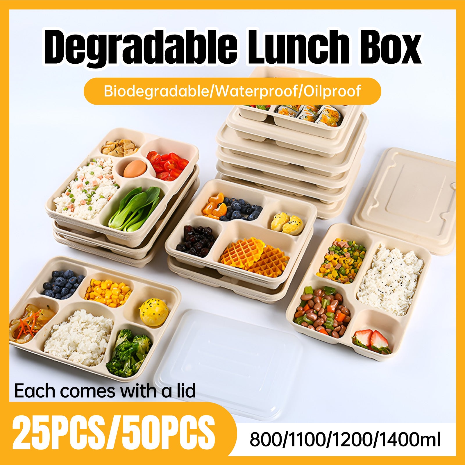 25/50pcs Biodegradable Lunch Box Microwaveable Tray with Compartment Paper Lid - 1200ml-4-25pcs - SuperSaverAU - view 1