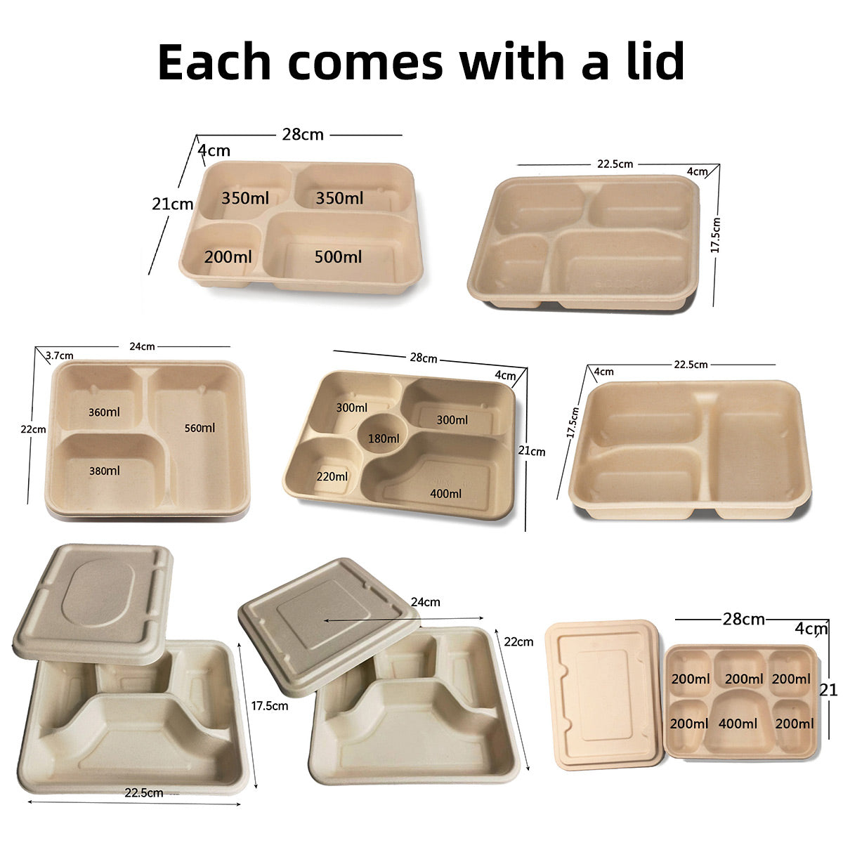 25/50pcs Biodegradable Lunch Box Microwaveable Tray with Compartment Paper Lid - 800ml-50pcs - SuperSaverAU - view 1