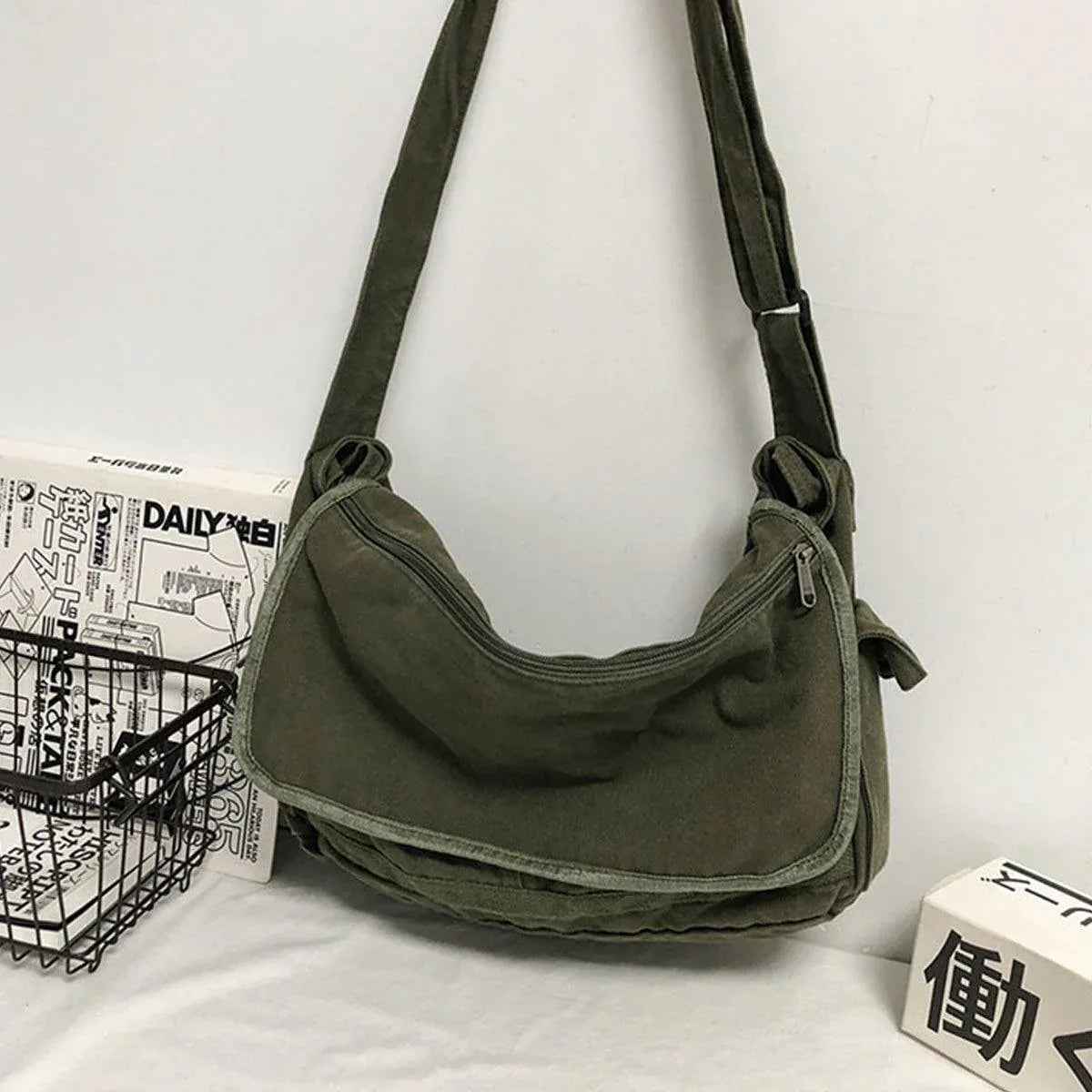 Premium Green Canvas Messenger Shoulder Bag for Work and Travel