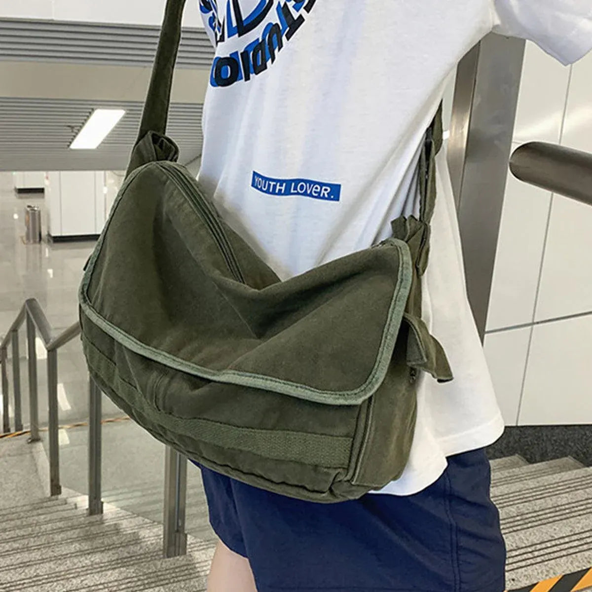 Premium Green Canvas Messenger Shoulder Bag for Work and Travel