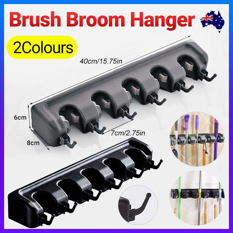 Premium Grey Wall Mounted Mop Broom Holder 5 Slots 6 Hooks Kitchen Storage Rack