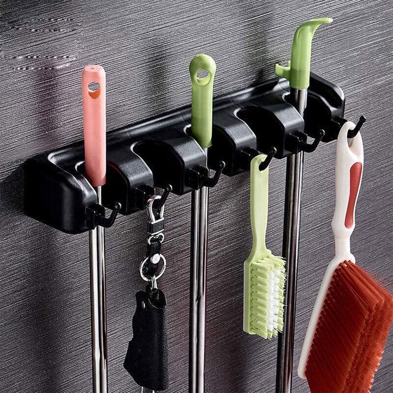 Premium Grey Wall Mounted Mop Broom Holder 5 Slots 6 Hooks Kitchen Storage Rack