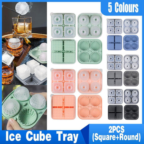 Silicone Ice Cube Tray 2PCS Round & Square Ice Ball Maker for Whiskey Cocktails - Pink - SuperSaverAU - view 1