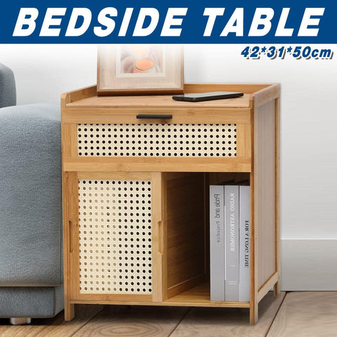 Premium Bamboo Bedside Cabinet Nightstand with Drawer and Rattan Doors 50cm