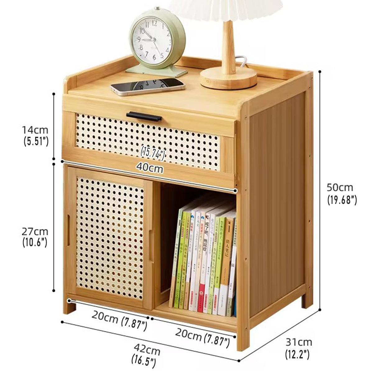 Premium Bamboo Bedside Cabinet Nightstand with Drawer and Rattan Doors 50cm
