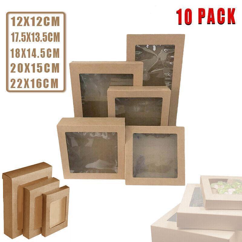 Premium 10 Pack Kraft Paper Boxes with Window 20x15x5cm Catering Trays
