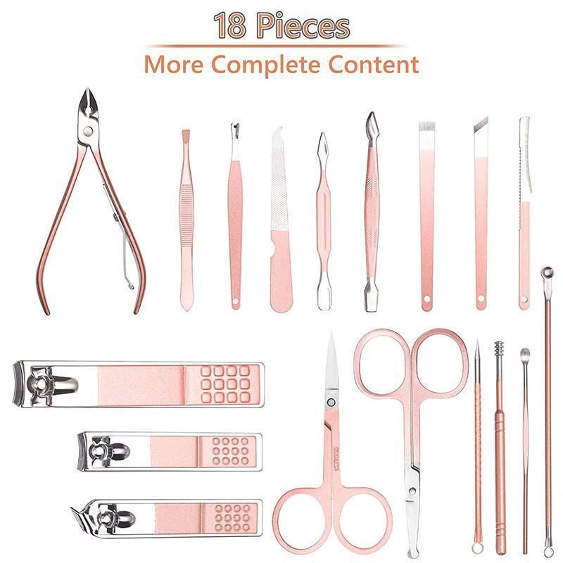 Premium 18-Piece Rose Gold Manicure Pedicure Set Stainless Steel Travel Grooming Kit