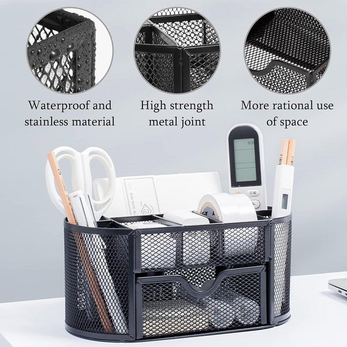 Premium Metal Desktop Pen Holder – Grey with Pull-Out Drawer
