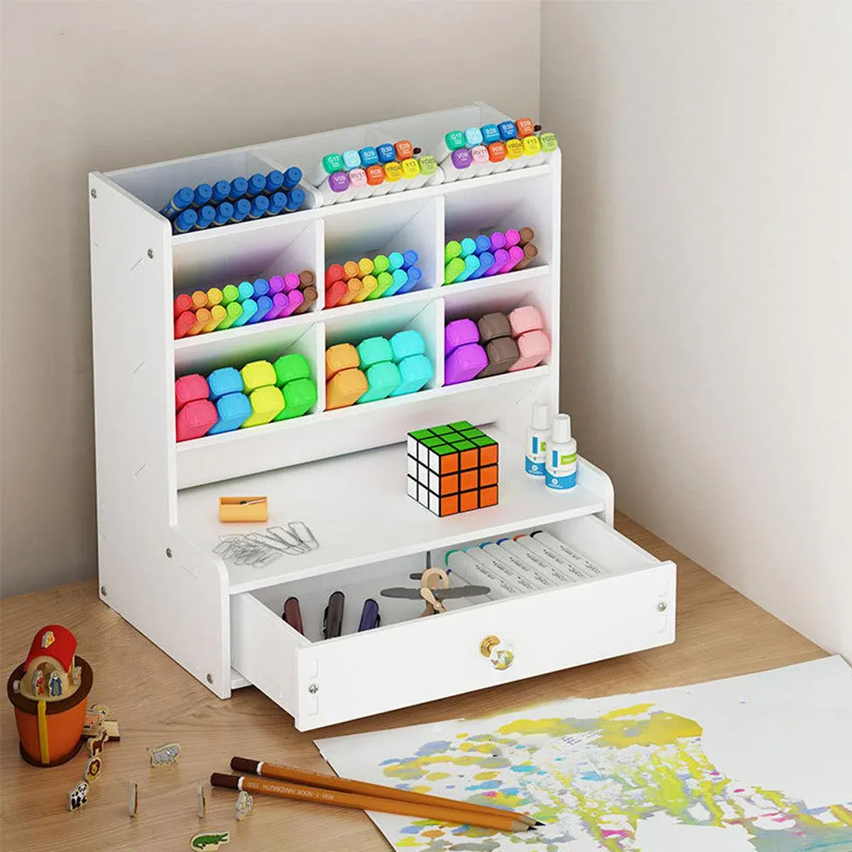 Premium Wooden Desk Organiser – White with Drawer