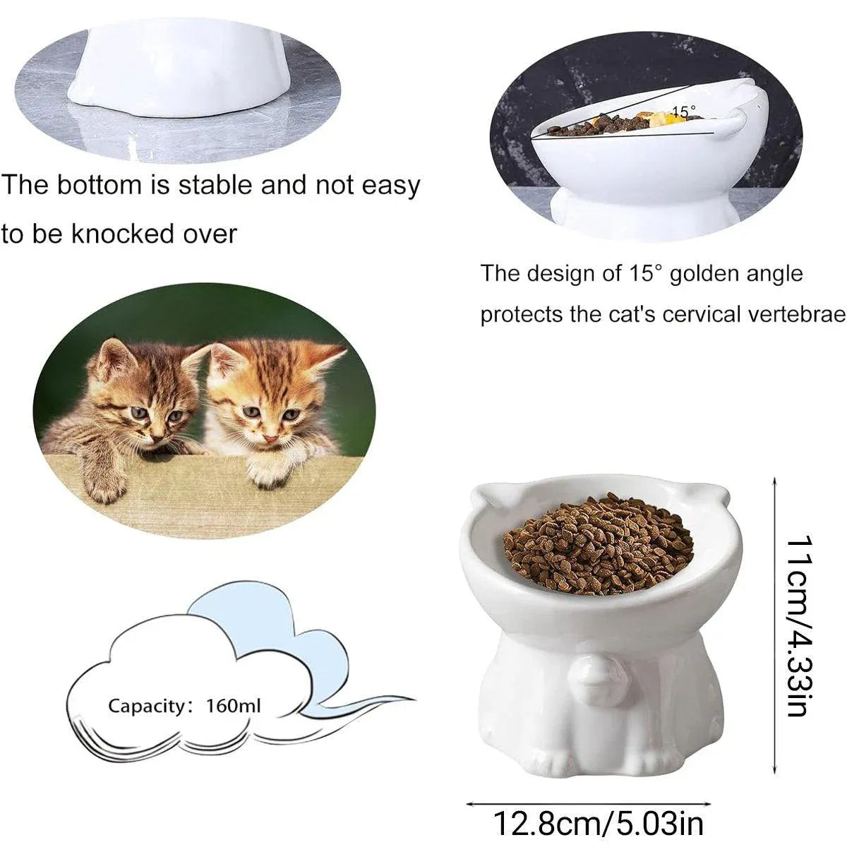Premium Raised Ceramic Cat Bowl – White 160ml with 15° Tilt