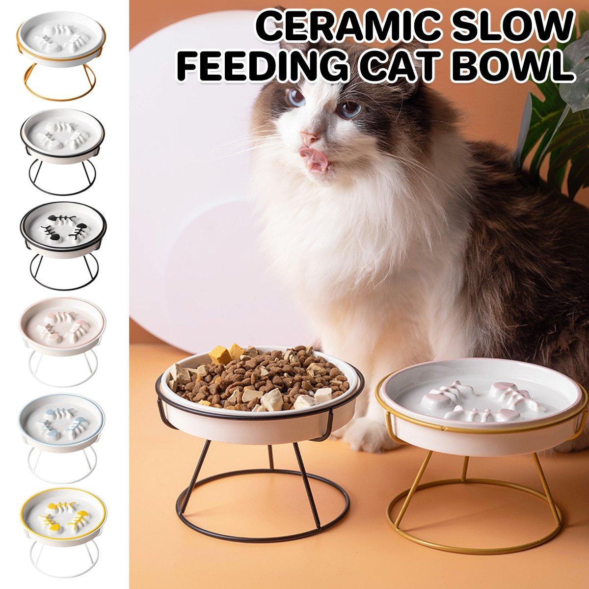 Premium Black Ceramic Slow Feeder Cat Bowl with Iron Stand - 200ml