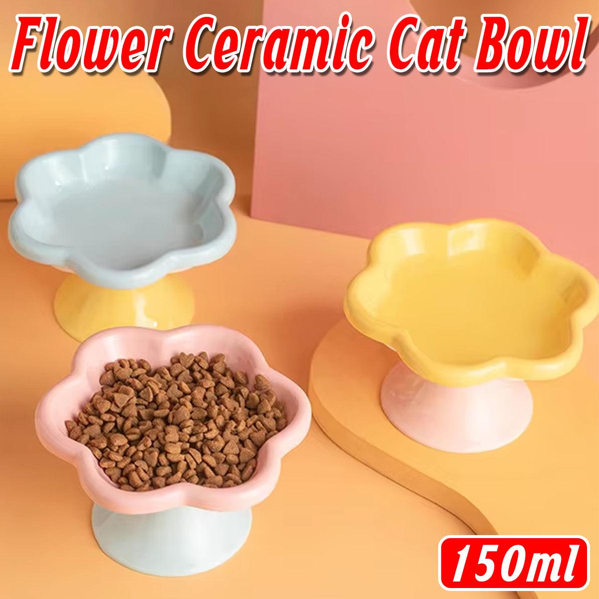 Premium Flower Ceramic Cat Bowl - Blue 150ml