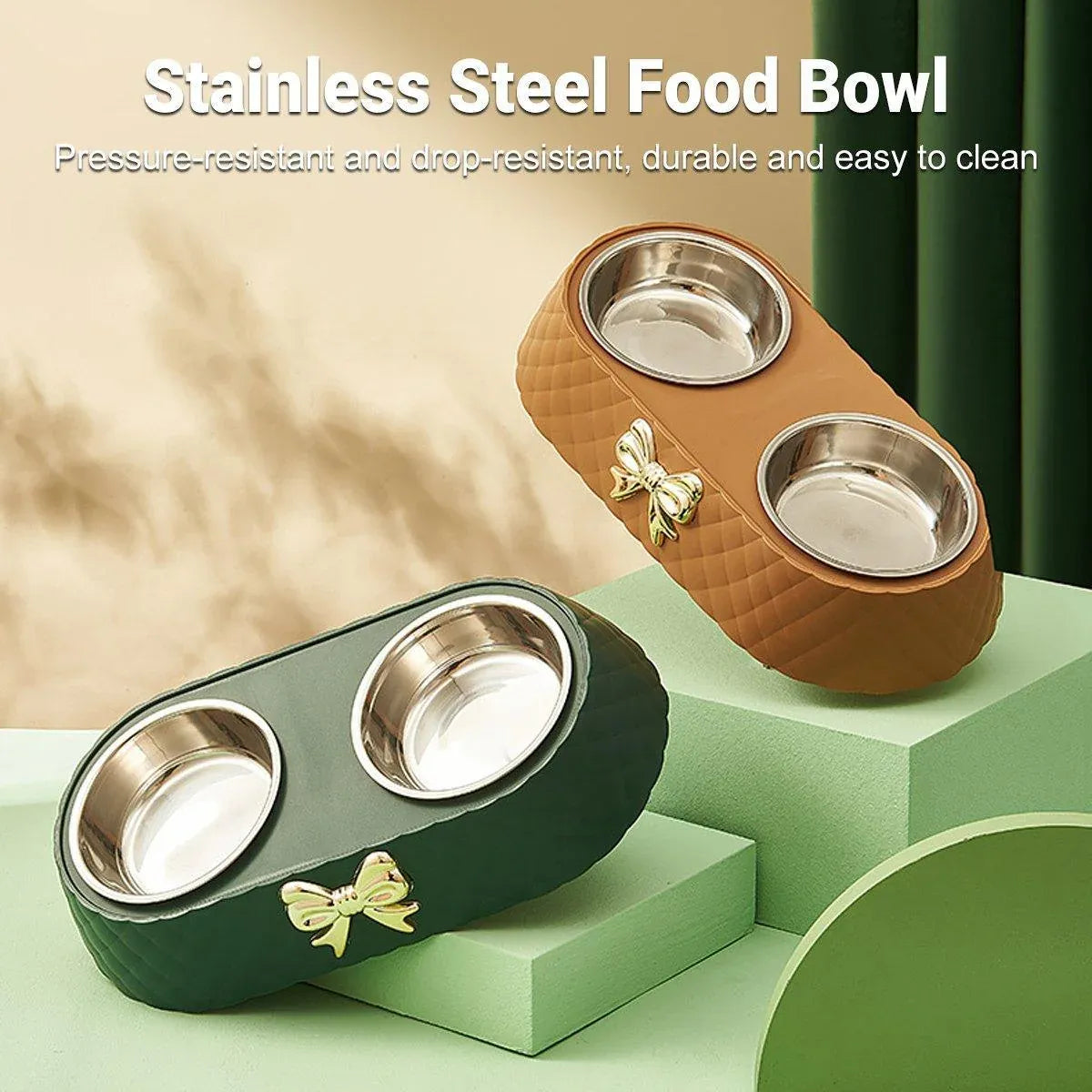 Premium Stainless Steel Double Pet Bowl Feeder – Green