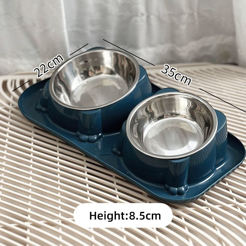 Premium Double Slanted Pet Bowl with Stainless Steel Inserts - Dark Blue
