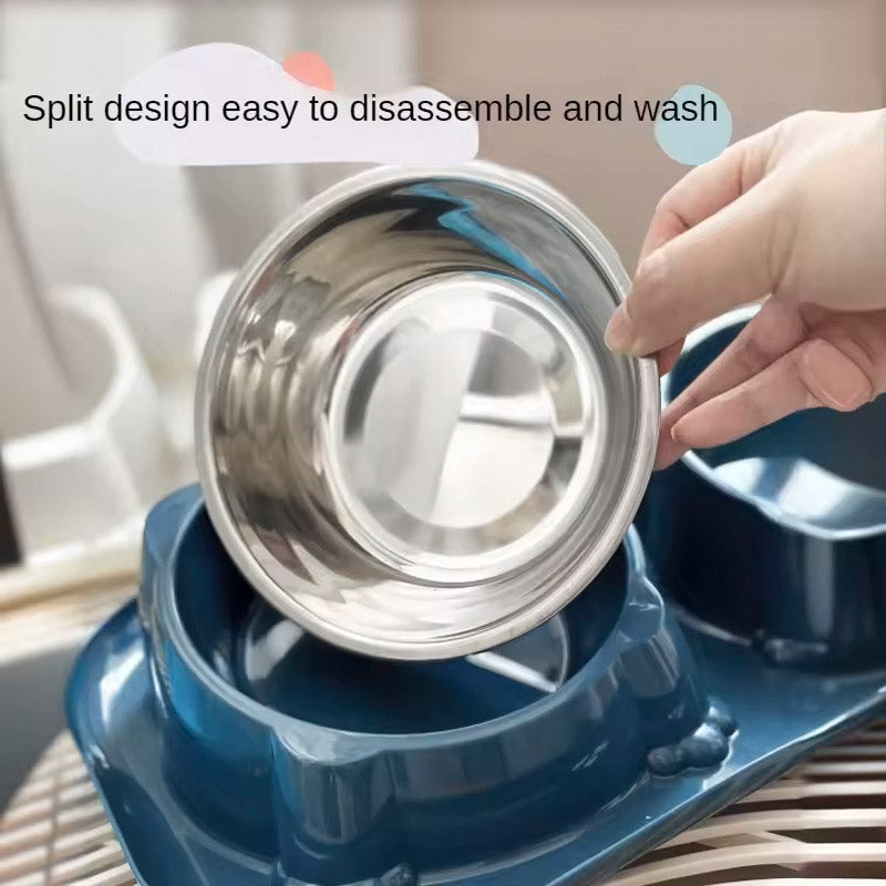 Premium Double Slanted Pet Bowl with Stainless Steel Inserts - Dark Blue