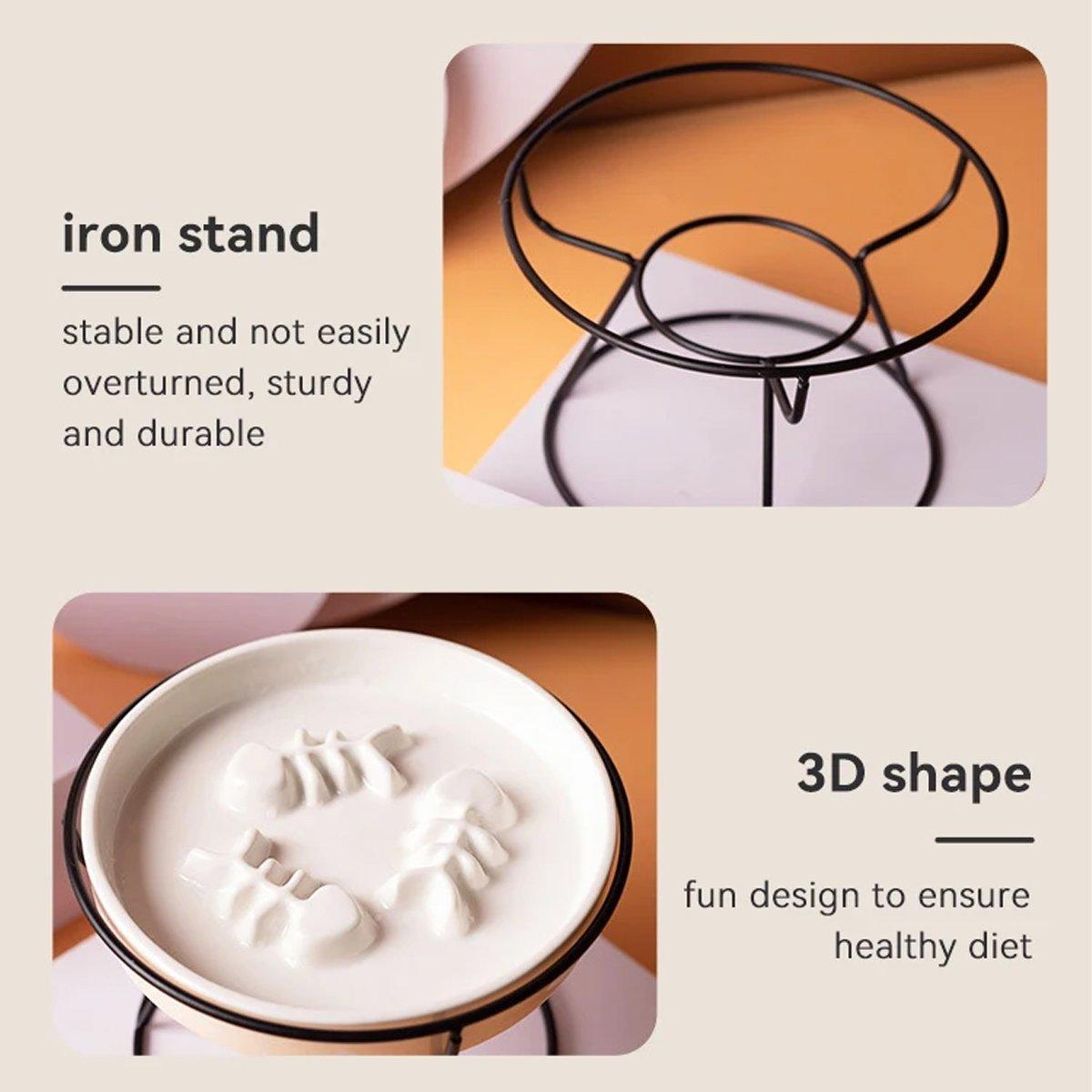 Premium Yellow & White Ceramic Slow Feeder Cat Bowl with Iron Stand