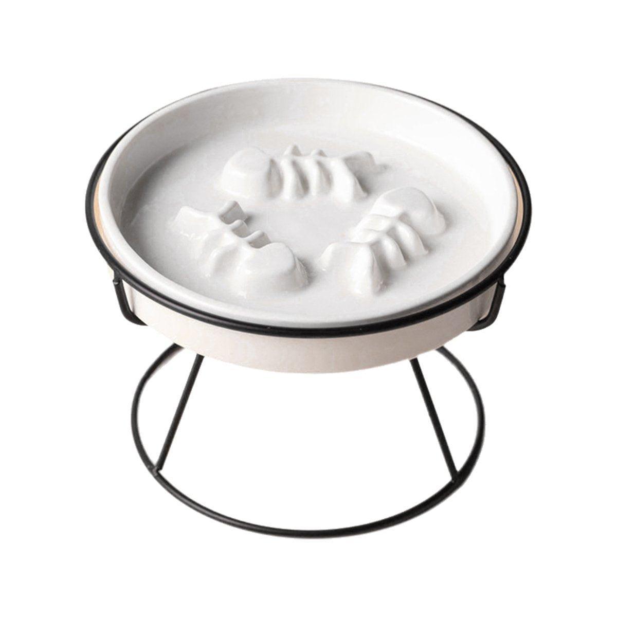 Premium Yellow & White Ceramic Slow Feeder Cat Bowl with Iron Stand
