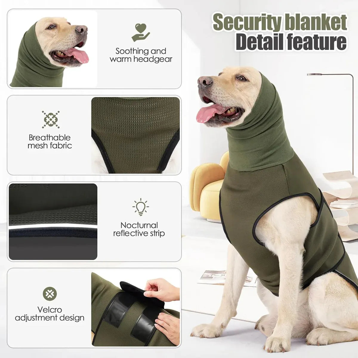 Premium Calming Dog Vest Breathable Thunder Wrap - Army Green XXL