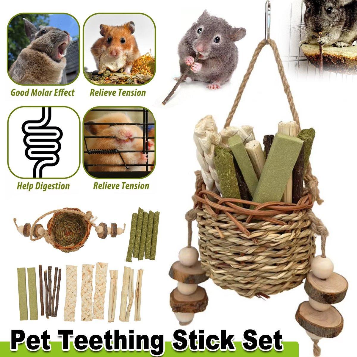 Premium Small Pet Teething Stick Set with Hanging Woven Basket