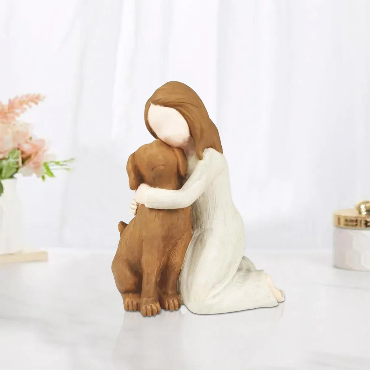 Premium Yellow Girl Hugging Dog Resin Figurine Home Decoration Gift