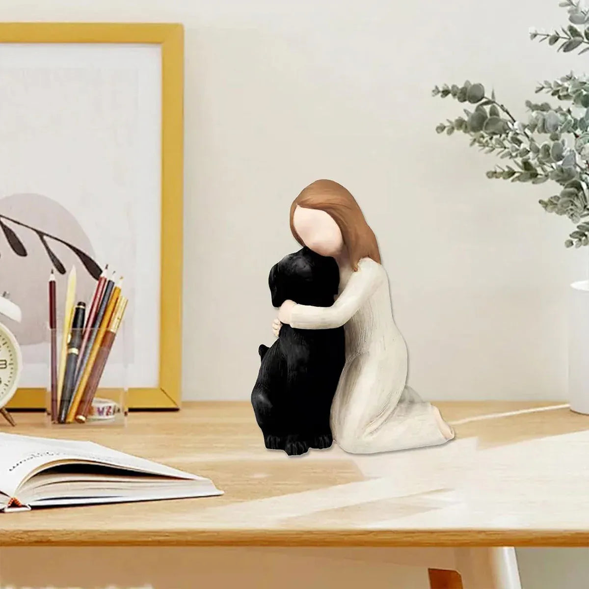 Premium Yellow Girl Hugging Dog Resin Figurine Home Decoration Gift