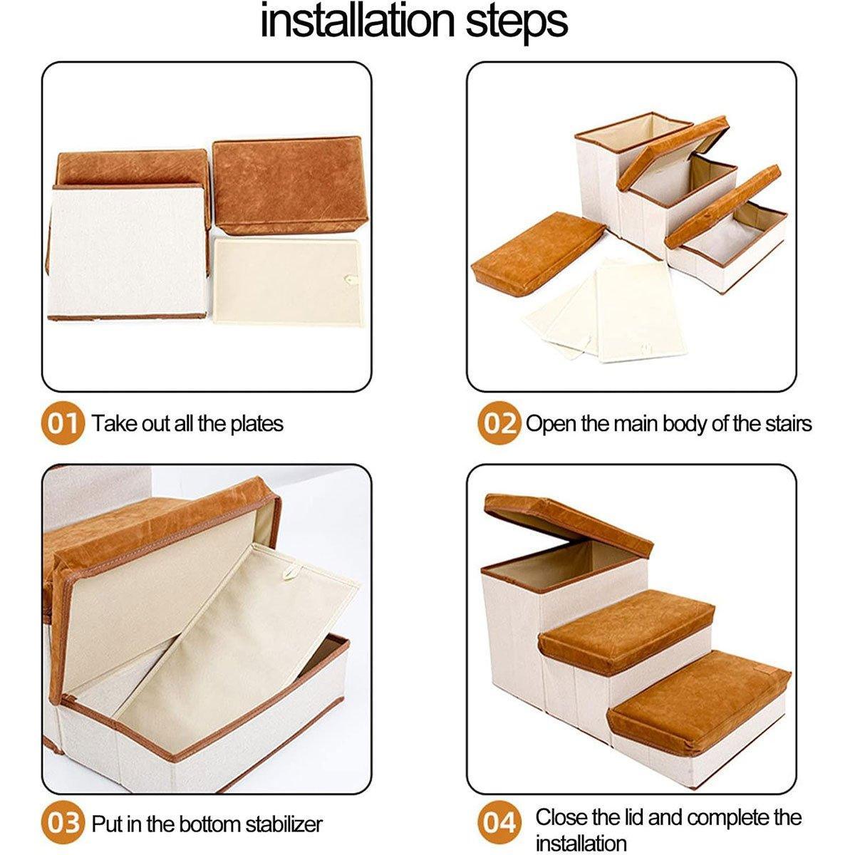 Premium Brown Foldable 3-Tier Pet Stairs with Storage - 20kg Capacity