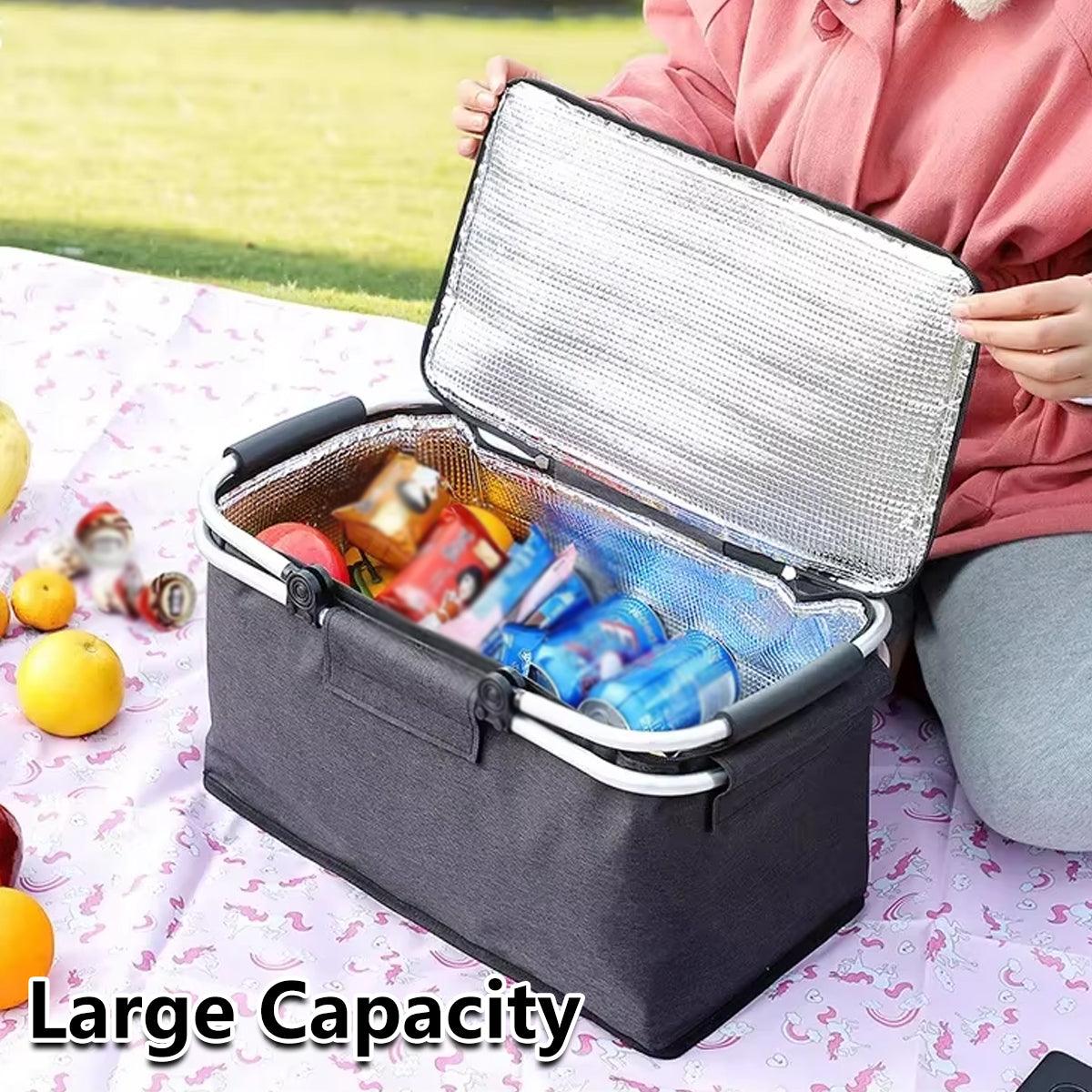 Premium Folding Picnic Basket Cooler Bag - Black