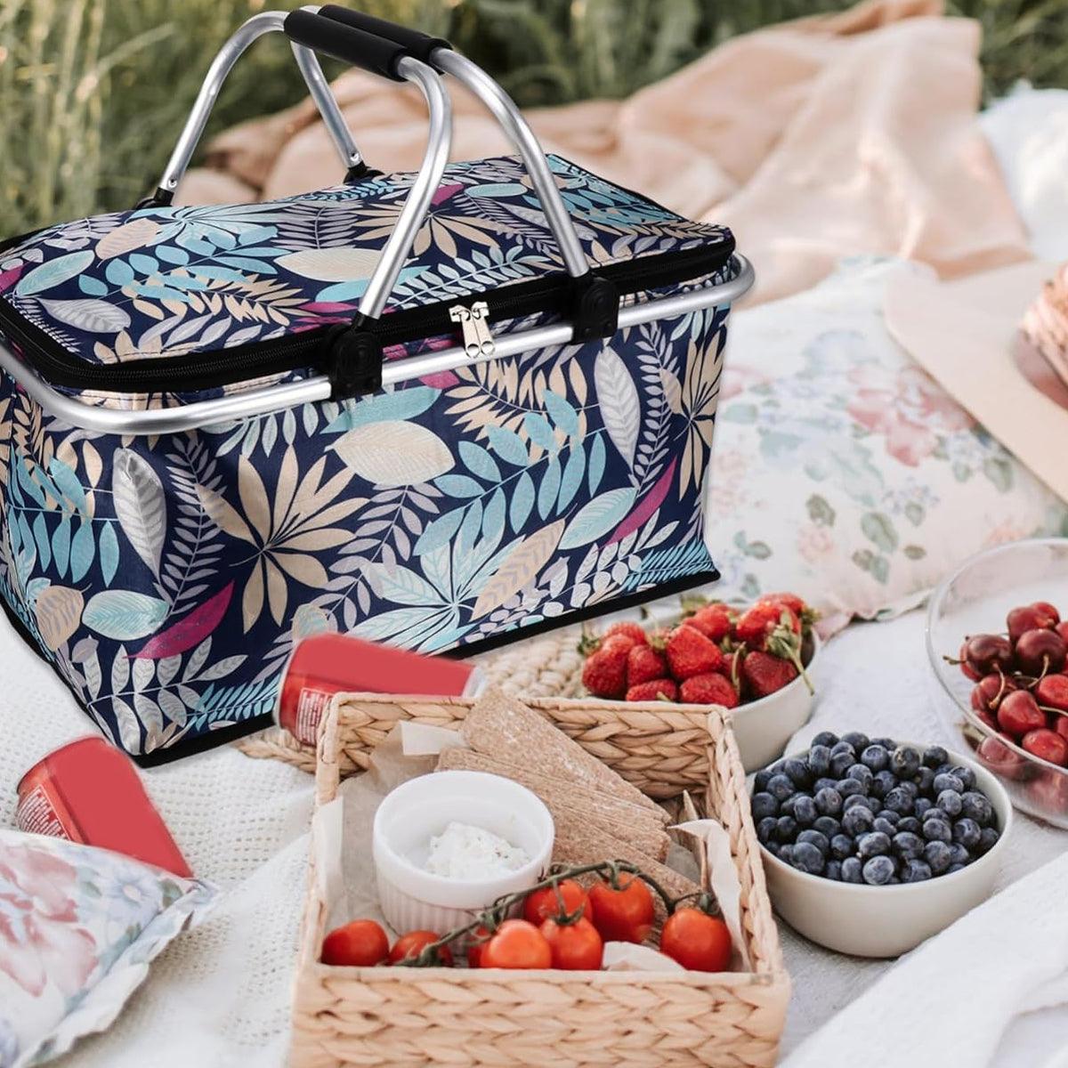 Foldable Picnic Basket Outdoor Camping Carrying Basket Portable Food Storage - Greenery - SuperSaverAU - view 4
