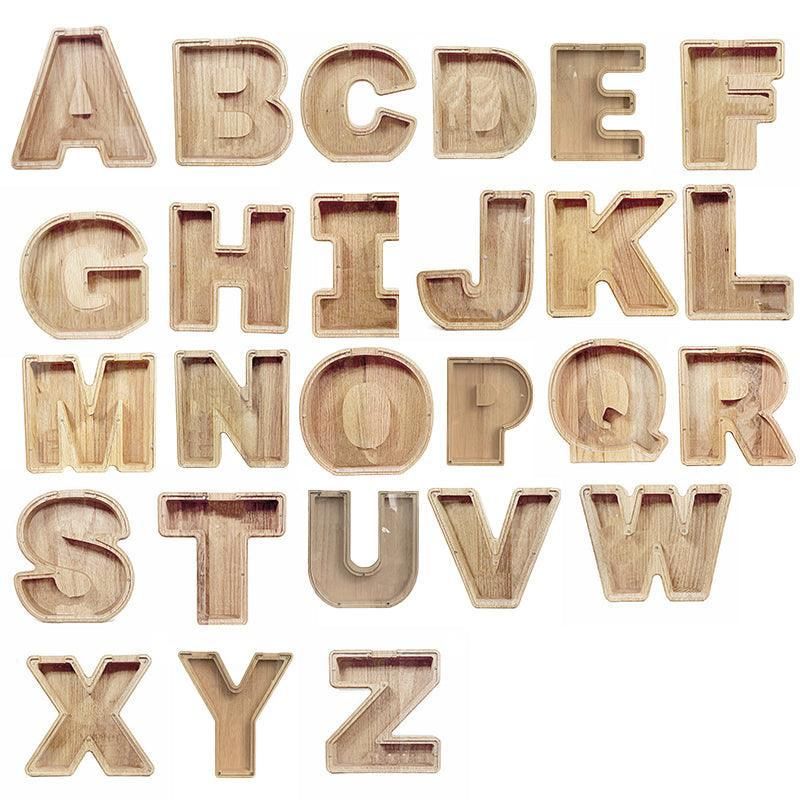Premium Wooden Letter C Piggy Bank – Walnut with Acrylic Panel