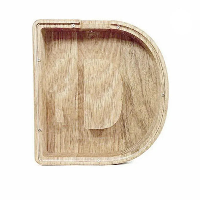 Premium Wooden Letter D Piggy Bank – Walnut with Acrylic Panel
