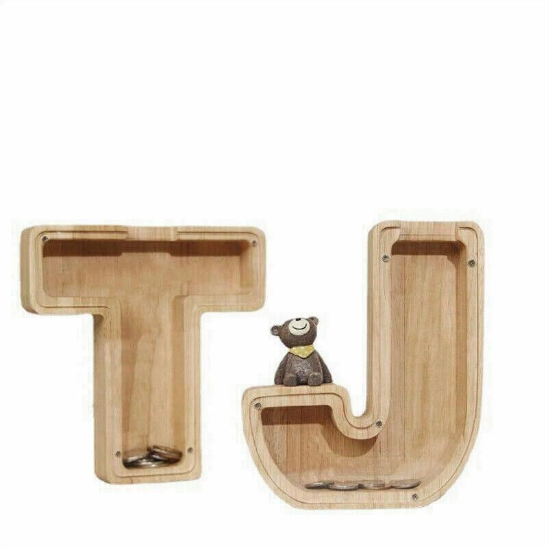 Premium Wooden Letter P Piggy Bank – Walnut with Clear Panel
