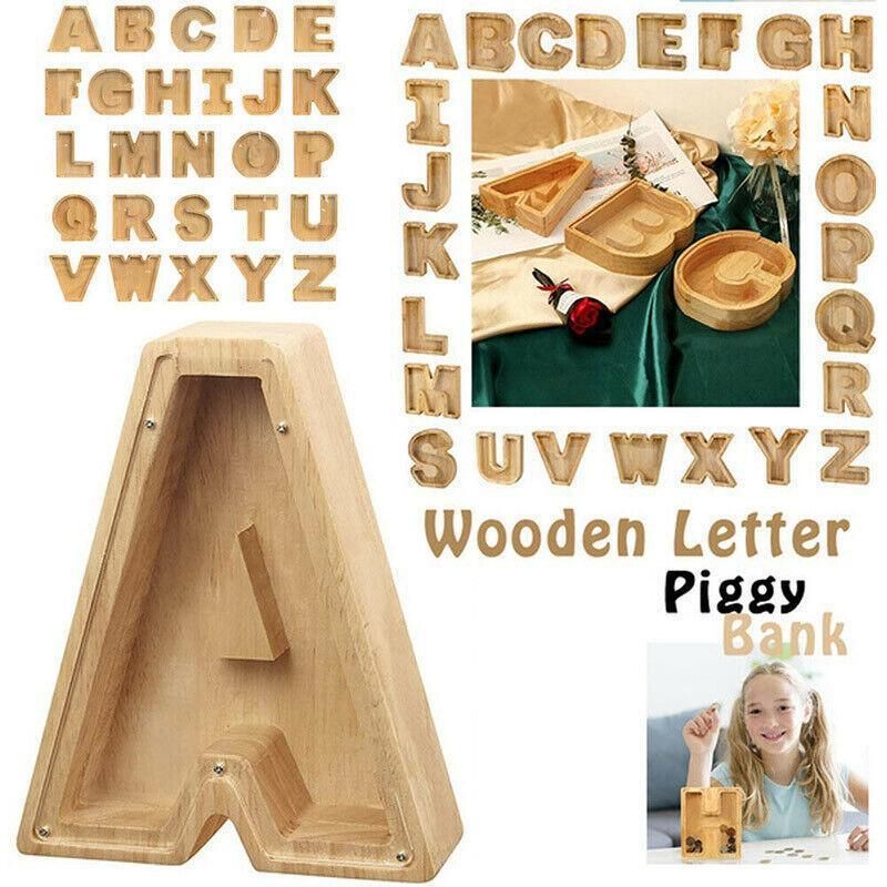Premium Wooden Letter P Piggy Bank – Walnut with Clear Panel