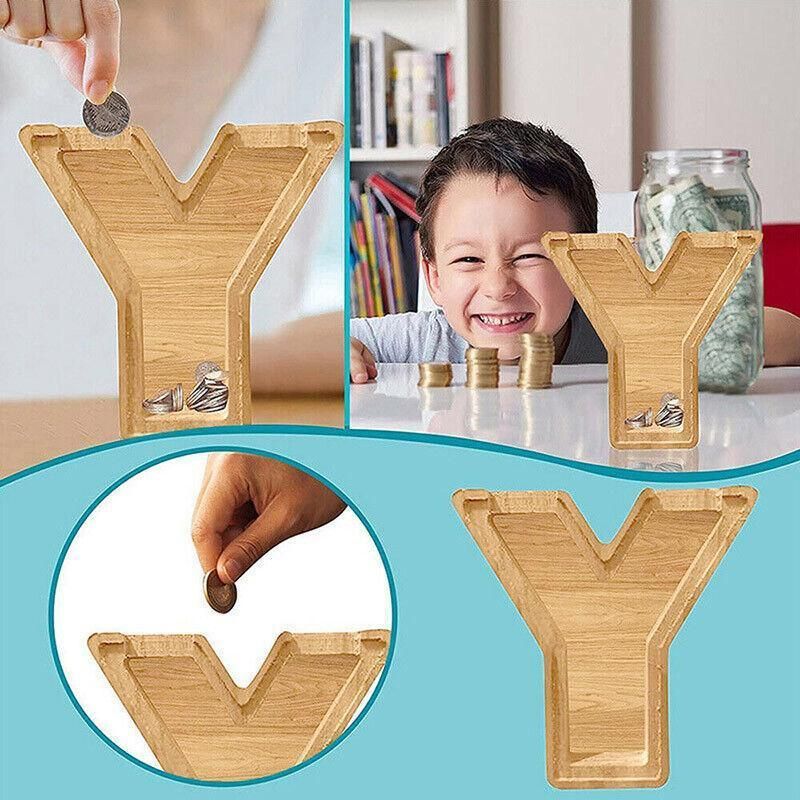 Premium Wooden Letter U Piggy Bank – Walnut with Clear Panel