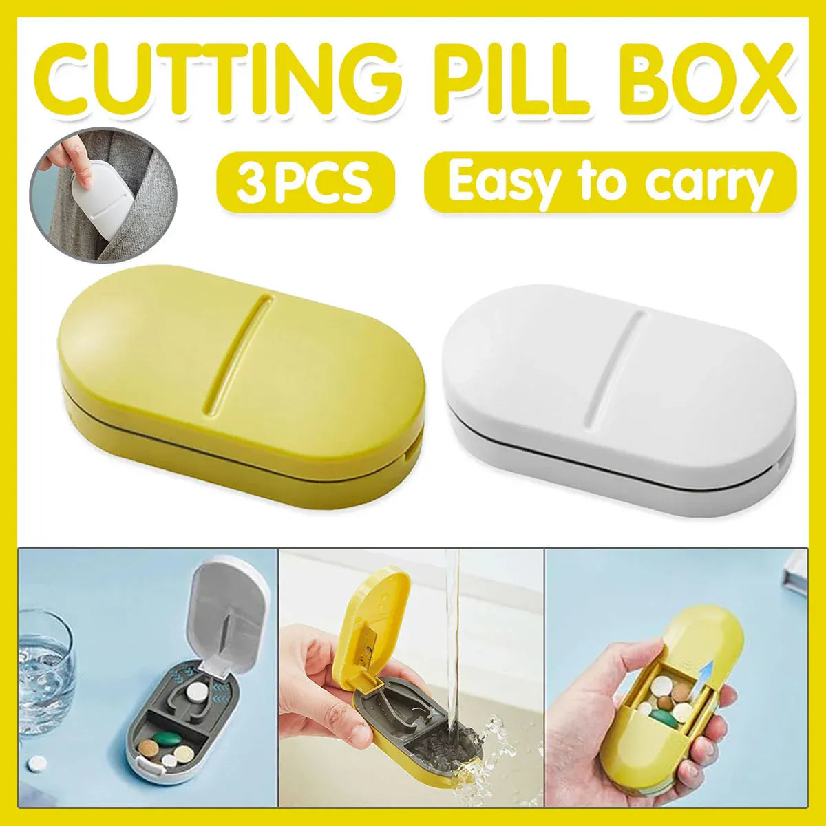 Premium 3pcs Yellow Tablet Cutter Pill Splitter and Medicine Storage Box