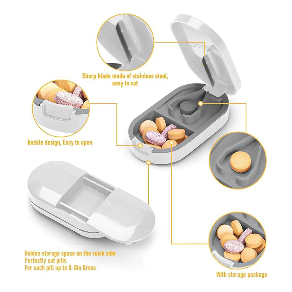 Premium 3pcs Yellow Tablet Cutter Pill Splitter and Medicine Storage Box