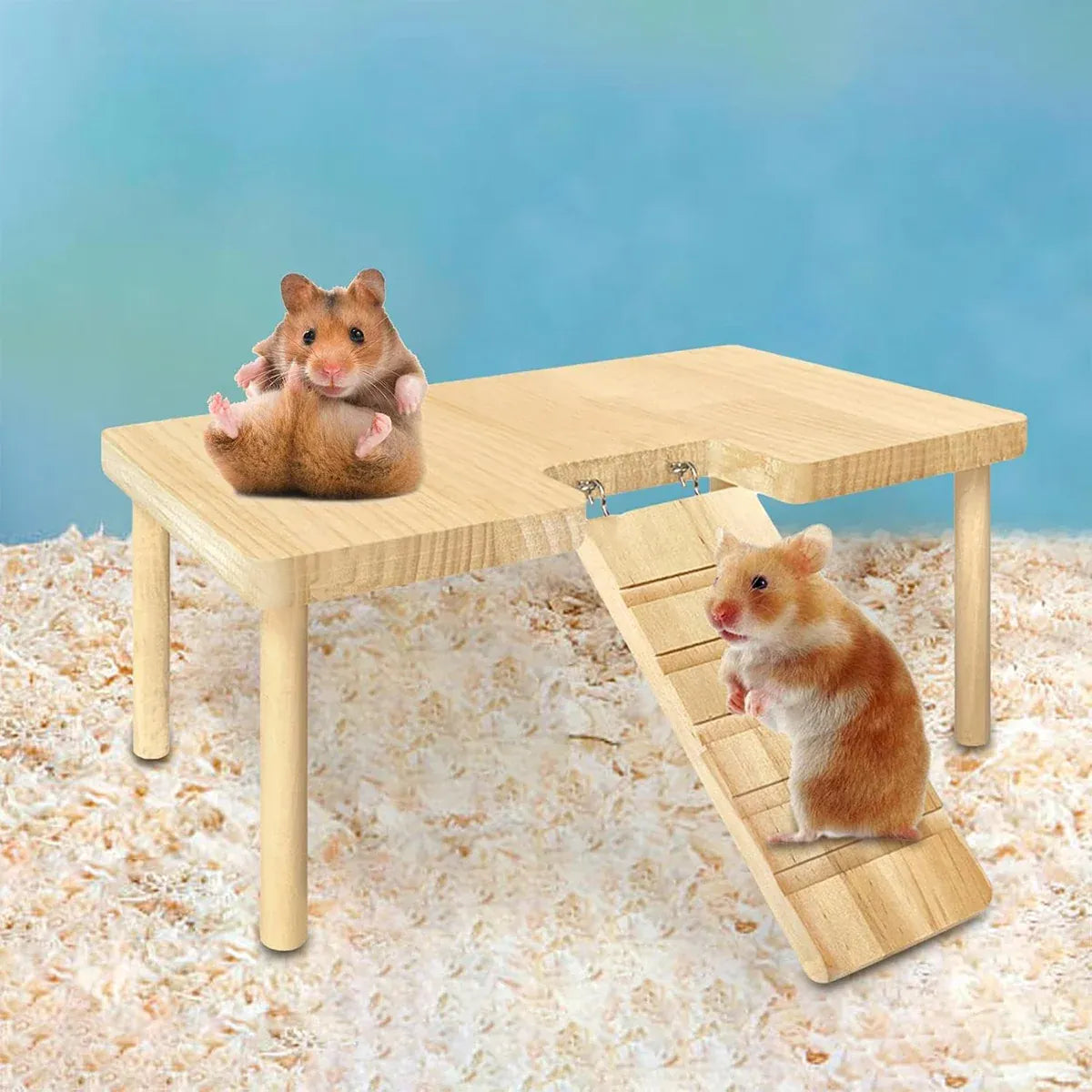 Premium Hamster Wood Platform with Ladder & Ramp - L-Shape