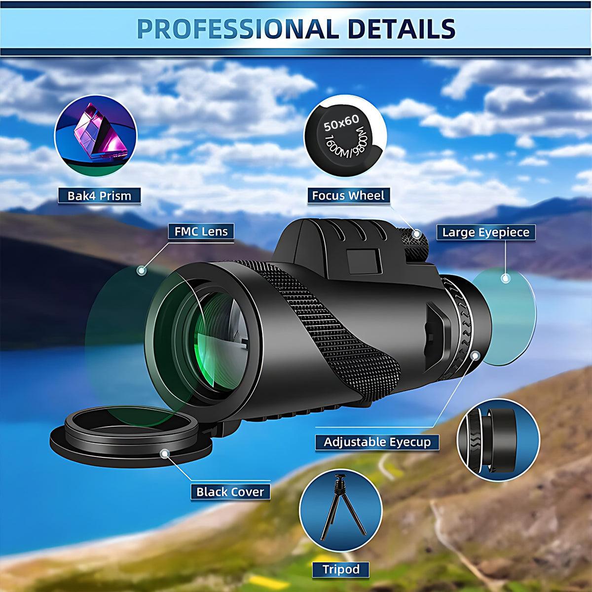 Premium 50x60 HD Monocular Telescope with Tripod and Phone Holder