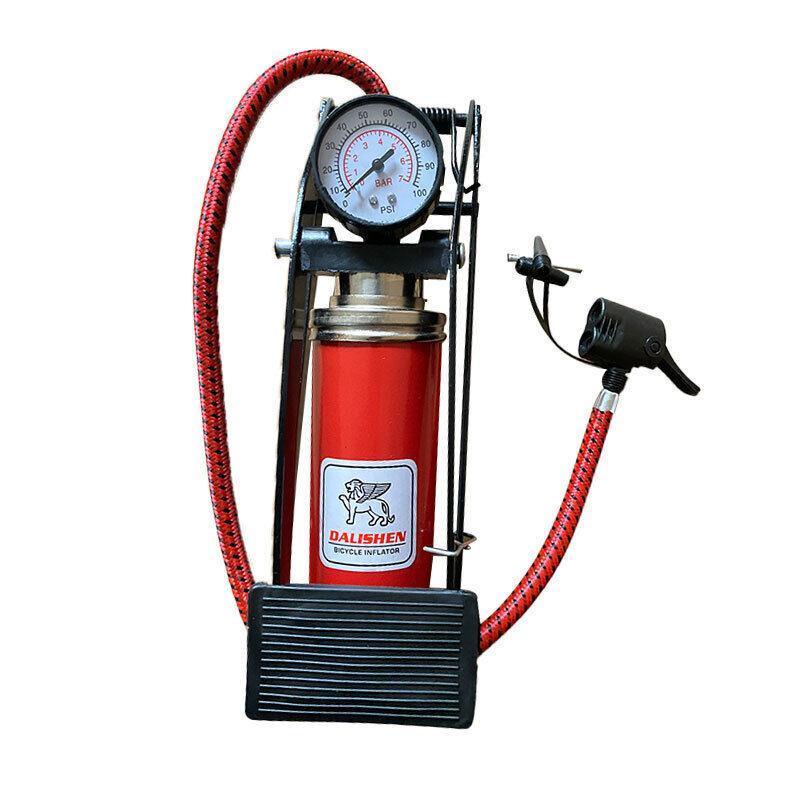 Premium High Pressure Foot Pump with Air Gauge & Nozzle Adapter 100PSI - Red