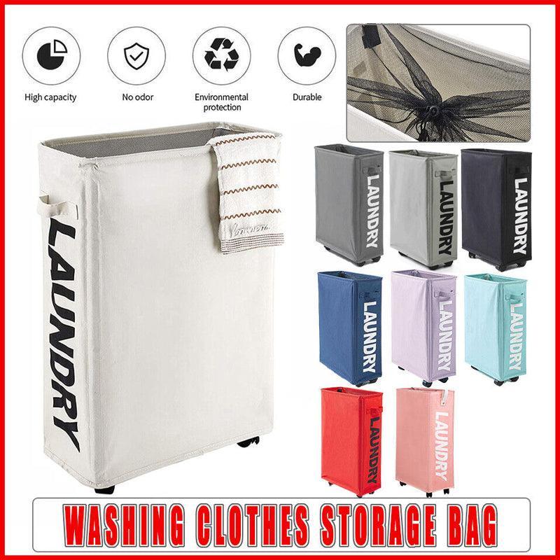 Red Mesh Laundry Basket with Drawstring Top, 39*18.5*58CM, Foldable, Wheels - SuperSaverAU - view 1
