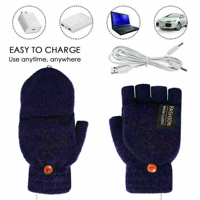Premium Navy USB Heated Half Finger Flip Mitten Gloves