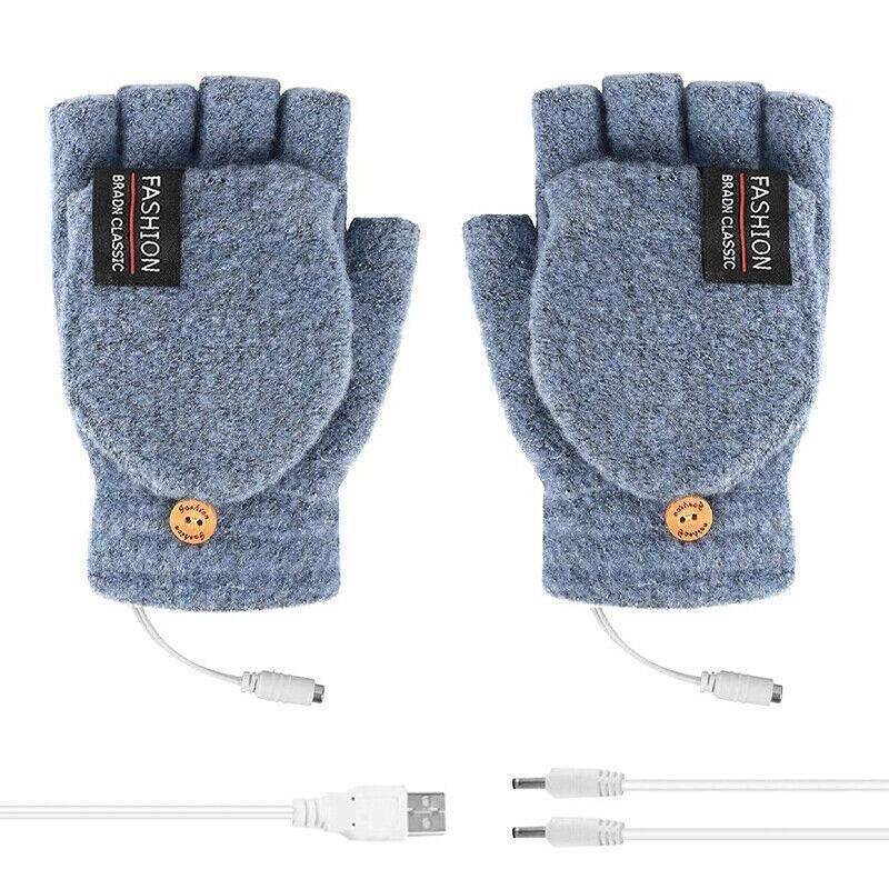 Premium Blue USB Heated Half Finger Flip Mitten Gloves