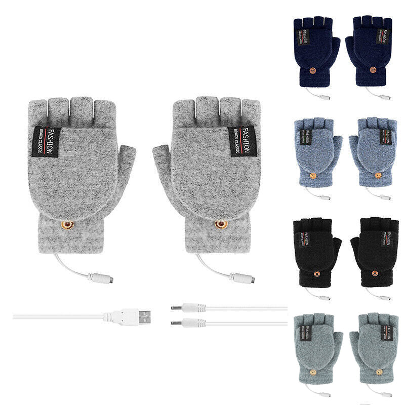 Premium Green USB Heated Half Finger Flip Mitten Gloves