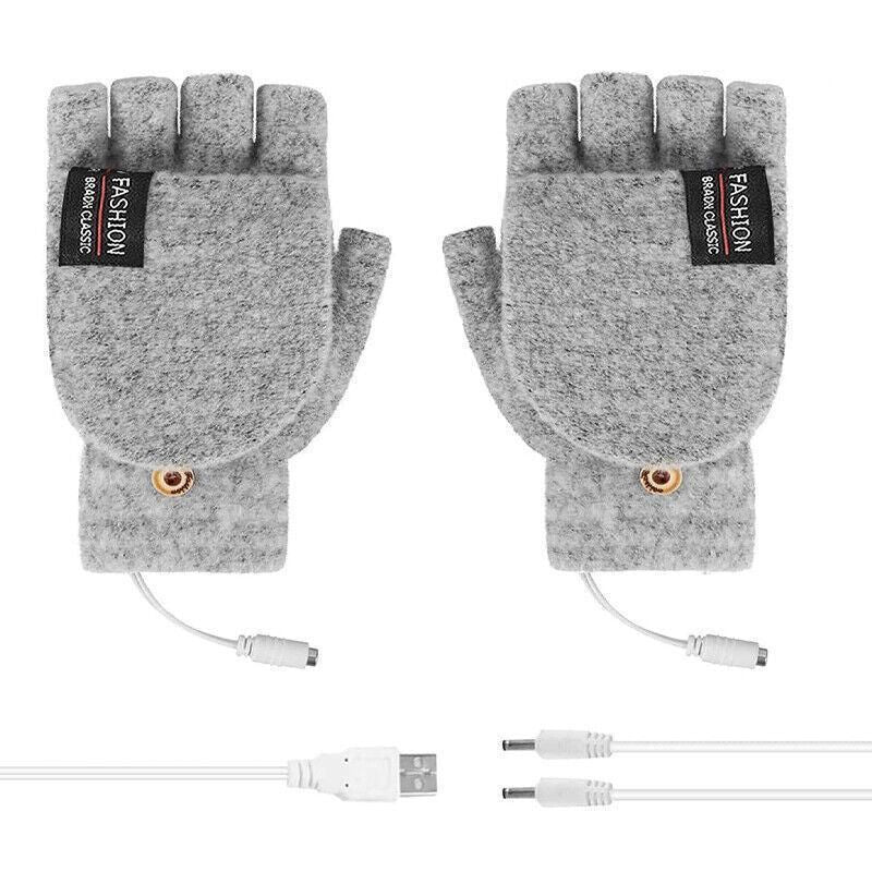 Premium Grey USB Heated Half Finger Flip Mitten Gloves
