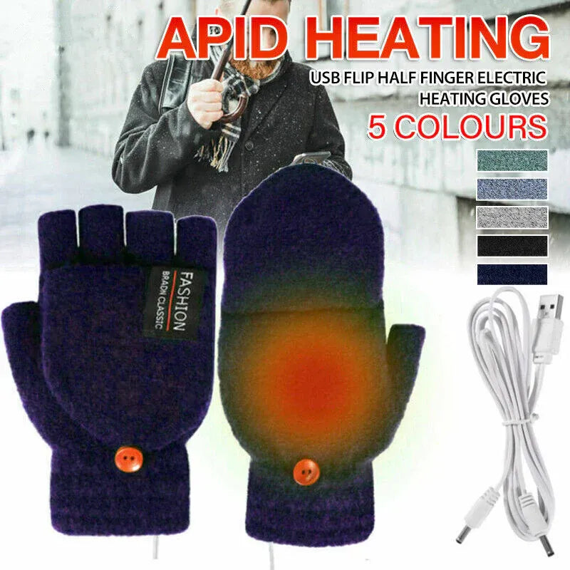 Premium Grey USB Heated Half Finger Flip Mitten Gloves