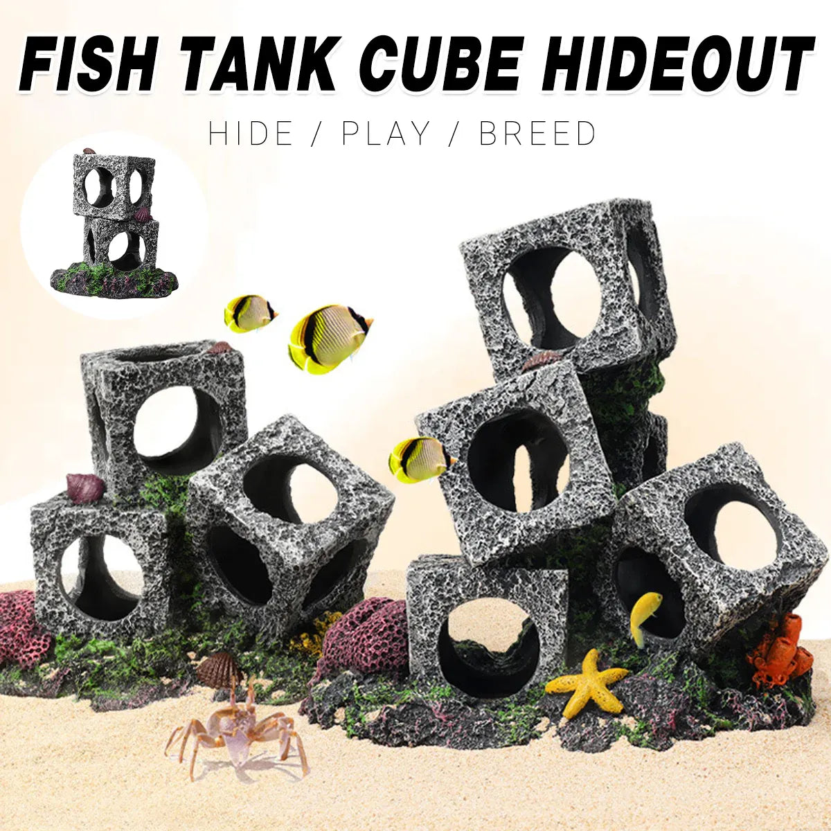 Premium Fish Tank Shrimp Shelter Stone Cave - 3 Squares