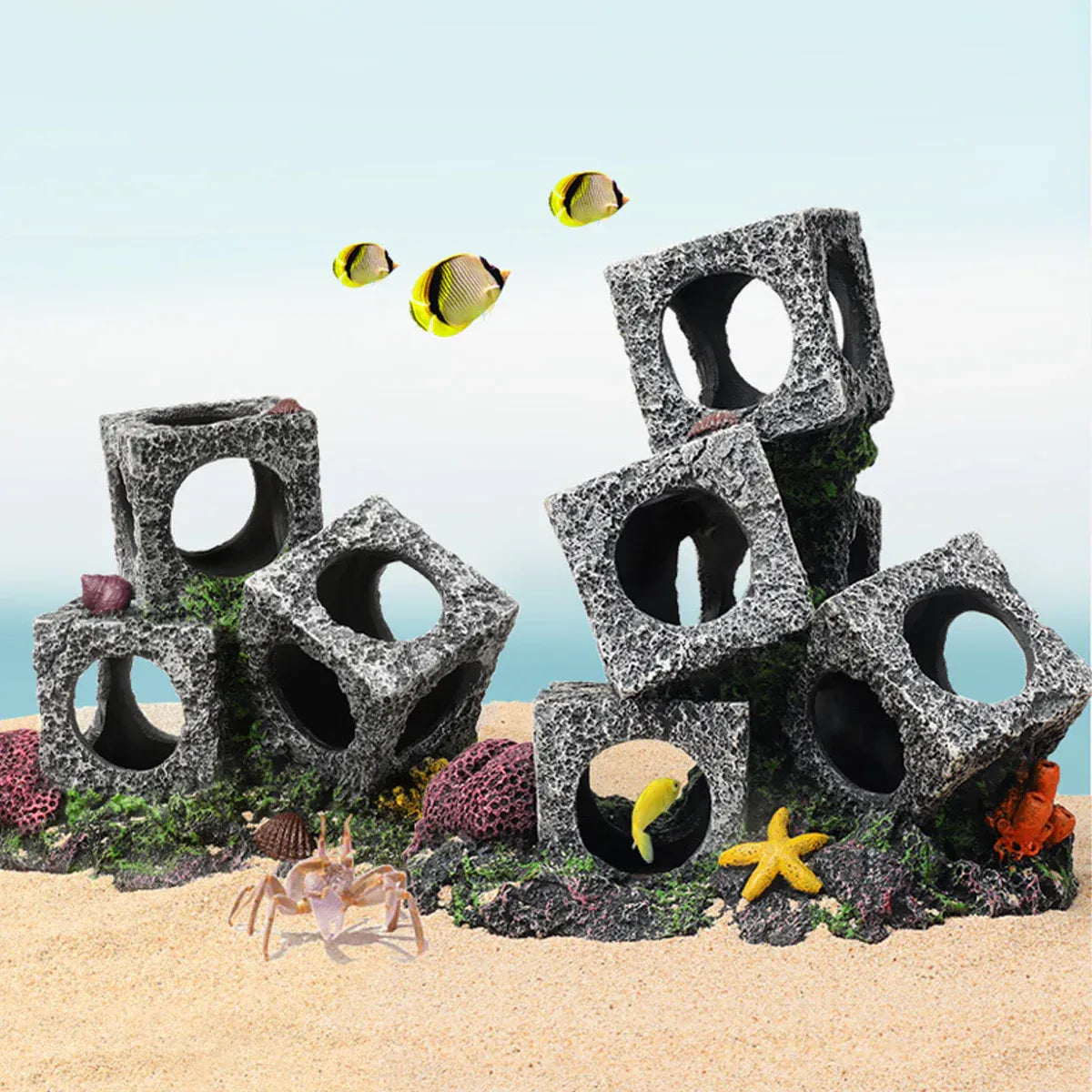 Premium Fish Tank Shrimp Shelter Stone Cave - 3 Squares