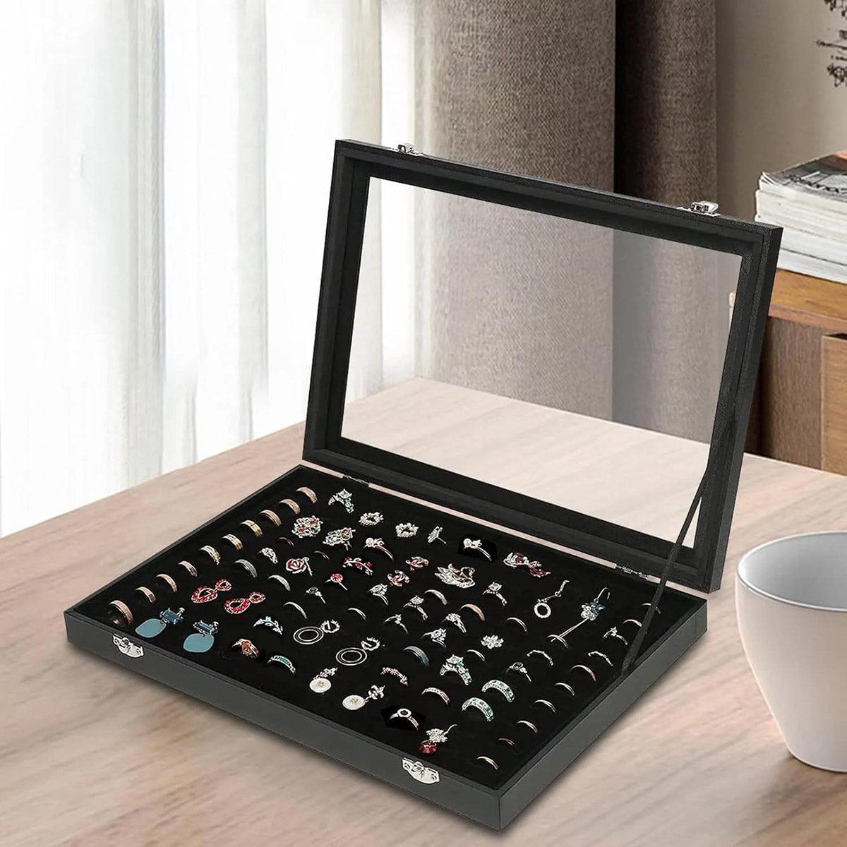 Black Jewelry Box with Lid, Dustproof, Holds 100 Rings, 13.77" x 9.4" x 2" - SuperSaverAU - view 3