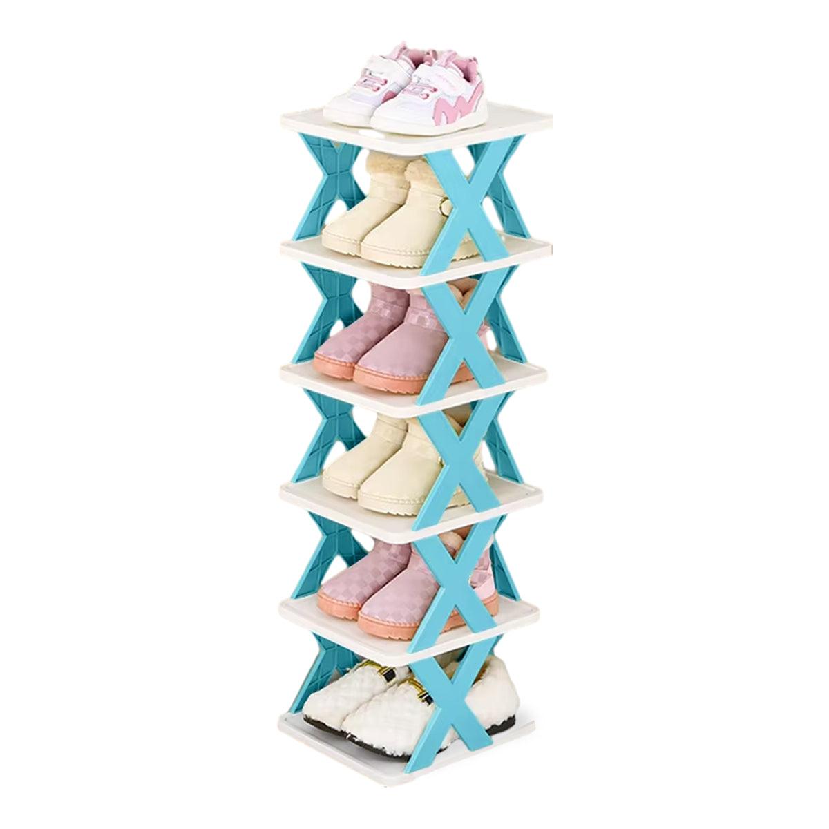 Premium Blue 6 Tier Space Saving Shoe Rack Folding Storage Shelf Organiser